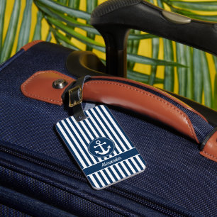 Etiqueta De Bagagem Cordas de Âncora Náutica Listras Azul Marinho Pers