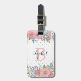 Etiqueta De Bagagem Core & o azul floresce o monograma das bolinhas