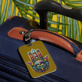 Etiqueta De Bagagem Cores de Pavão Hamsa com Terceiro Olho Dourado