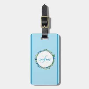 Etiqueta De Bagagem Coroa Floral Azul do Céu Densidade com Monograma 