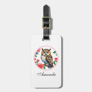 Etiqueta De Bagagem Coruja de Aquarela Decorativa com Rosas