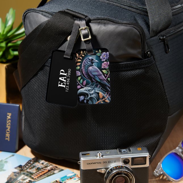 Etiqueta De Bagagem Corvo Preto Floral (Frente e verso)