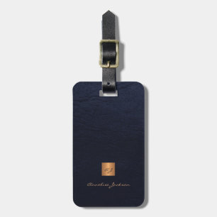 Etiqueta De Bagagem Couro azul marinho escuro monograma dourado elegan