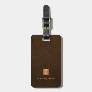 Etiqueta De Bagagem Couro marrom monograma dourado elegante