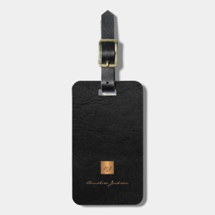 Etiqueta De Bagagem Couro preto monograma dourado elegante