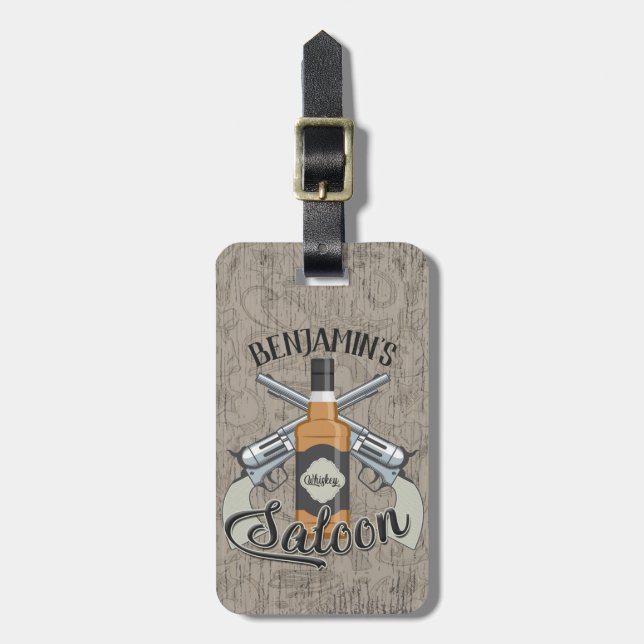Etiqueta De Bagagem Cowboy Revolver Gun Whiskey Saloon (Frente Vertical)
