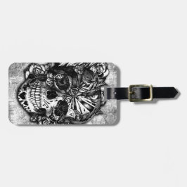 Etiqueta De Bagagem Crânio do açúcar dos doces do Grunge em preto e