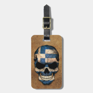 Etiqueta De Bagagem Crânio grego envelhecido e vestido da bandeira