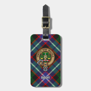 Etiqueta De Bagagem Crest do Clã Russell sobre Tartan