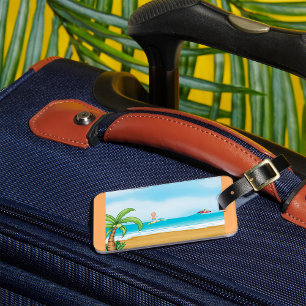 Etiqueta De Bagagem Crianças Surfando Praia Tropical Diversão Verão Oc