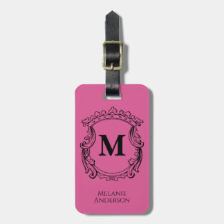 Etiqueta De Bagagem Crista de Monograma Rosa Elegante