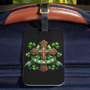 ETIQUETA DE BAGAGEM CRUZ CELTA IRLANDESA VERDE E OURO & FITAS
