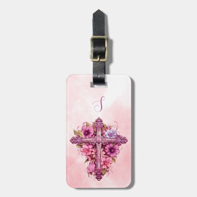 Etiqueta de Bagagem Cruz de Flores Rosas (Frente Vertical)