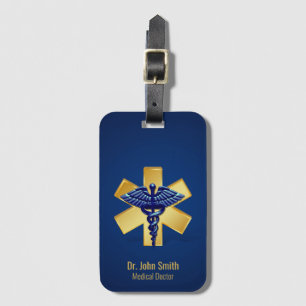 Etiqueta De Bagagem Cruz Dourada de Caduceus 3D Médico Azul
