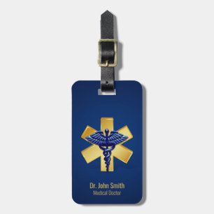Etiqueta De Bagagem Cruz Dourada de Caduco 3D Médico Azul