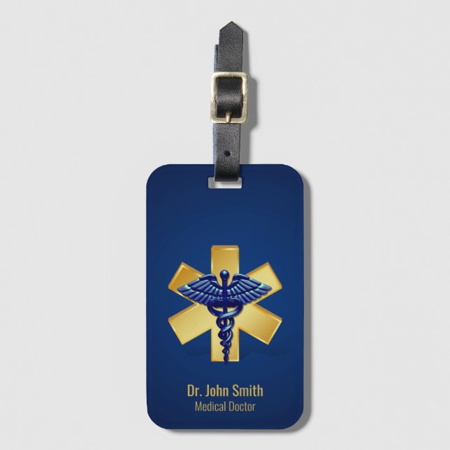 Etiqueta De Bagagem Cruz Dourada de Caduco 3D Médico Azul (Frente Vertical)