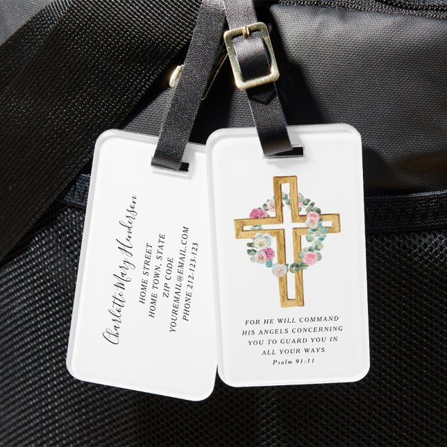 Etiqueta De Bagagem Cruz Floral Rosa Elegante (Psalm 91:11 Bible Verse Religious Floral Cross Luggage Tag)