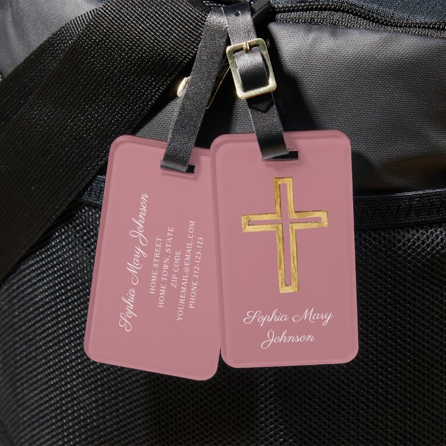Etiqueta De Bagagem Cruz Religiosa Rosa Elegante (Elegant Religious Cross Dusty Pink Script Luggage Tag)