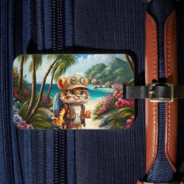 Etiqueta De Bagagem Cubo Joyful Tiger com mochila e café