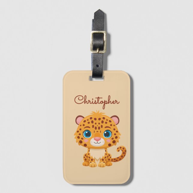 Etiqueta De Bagagem Cute Baby Leopard Safari Animal Kids (Frente Vertical)
