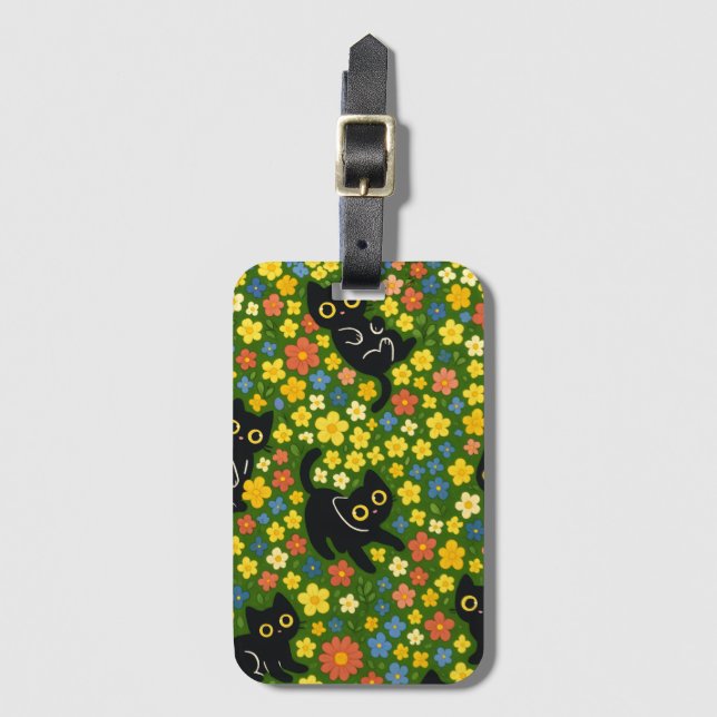Etiqueta De Bagagem Cute Black Cats Floral Meadow Pattern (Frente Vertical)