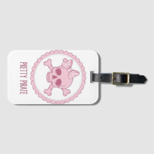 Etiqueta De Bagagem Cute Crânio Rosa Pastel com Laço e Ossos Cruzados