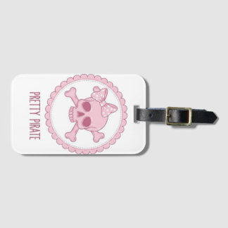 Etiqueta De Bagagem Cute Crânio Rosa Pastel com Laço e Ossos Cruzados