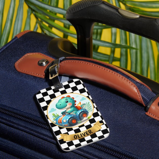 Etiqueta De Bagagem Cute Dinosaur Driving a Race Car (Frente Insitu 1)
