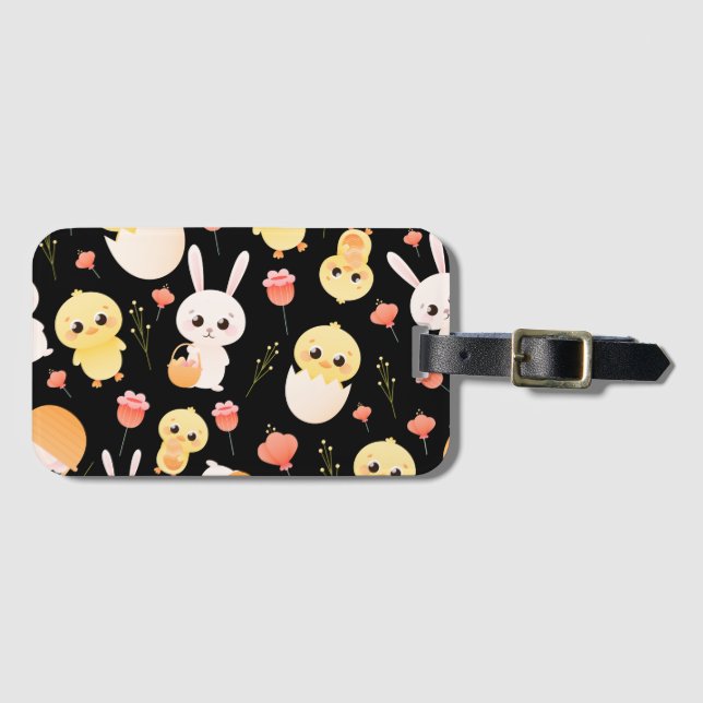 Etiqueta De Bagagem Cute Easter Chicks & Bunnies Seamless Pattern  (Frente Horizontal)