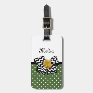 Etiqueta De Bagagem Cute Green Dots Yellow Rose Chevron Arco e Nome