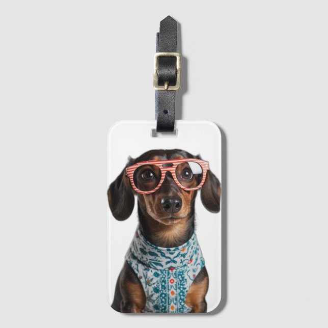 Etiqueta De Bagagem Cute Little Dachshund With Red Glasses (Frente Vertical)