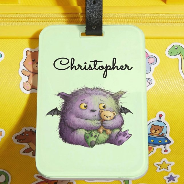 Etiqueta De Bagagem Cute Purple Green Fluffy Monster Buddy (Criador carregado)