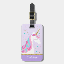 Etiqueta De Bagagem Cute Unicorn Stars Glitter Roxo
