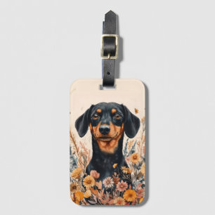 Etiqueta De Bagagem Dachshund Bonito com Pintura de Flores Selvagens