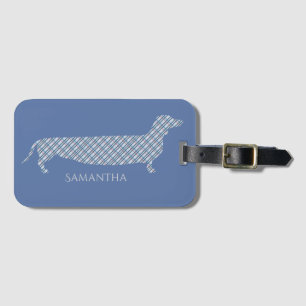Etiqueta De Bagagem Dachshund da xadrez no azul