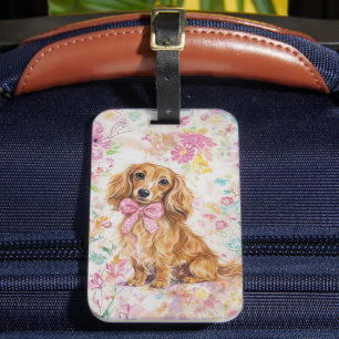 Etiqueta De Bagagem Dachshund de Cabelo Longo Aquarela Floral Pastel