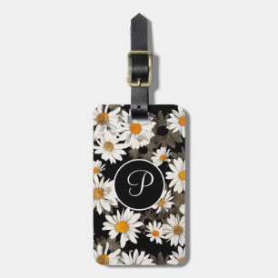 Etiqueta De Bagagem Daisy Floral Black and White Monograma Inicial