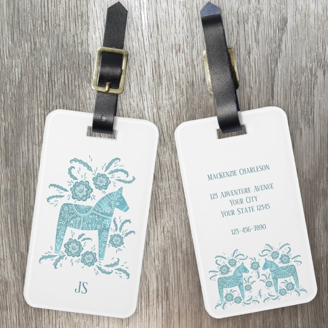 Etiqueta De Bagagem Dala Horse Monograma Sueco (Teal green Swedish Dala Horse personalized luggage tag)