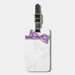 Etiqueta De Bagagem Damasco Branco e Laço Falso Roxo