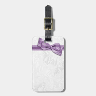 Etiqueta De Bagagem Damasco Branco e Laço Falso Roxo