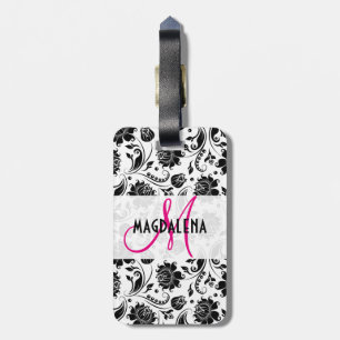 Etiqueta De Bagagem Damascos Florais Negros e Brancos Elegantes 2 Mono
