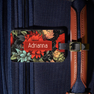 Etiqueta De Bagagem Dark Academia Maximalist Red Dahlia Floral 