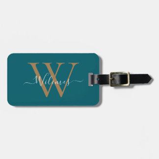 Etiqueta De Bagagem Dark Teal Gold Monogram Script Name Stylish