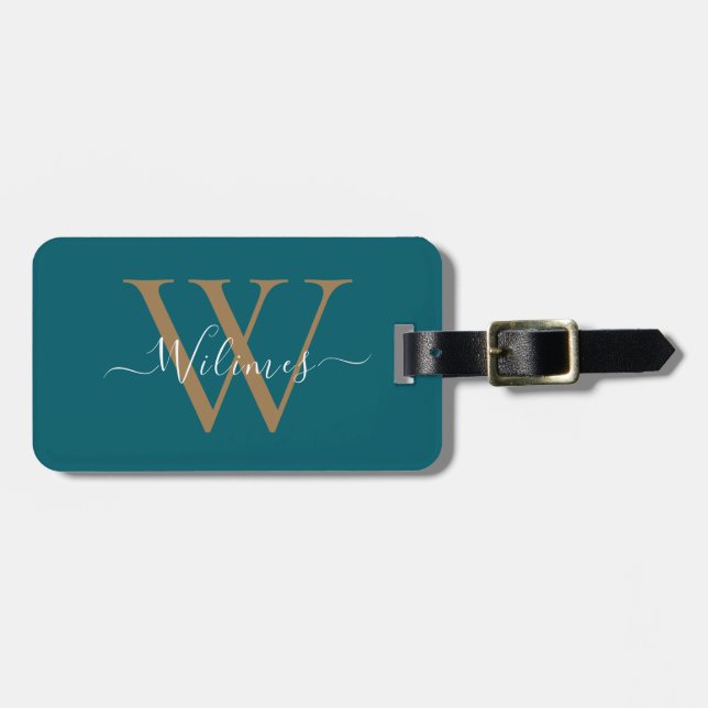Etiqueta De Bagagem Dark Teal Gold Monogram Script Name Stylish (Frente Horizontal)
