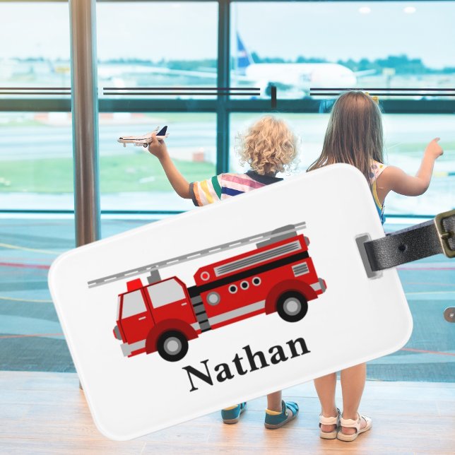 Etiqueta de bagagem de caminhão de bombeiro vermel (cute modern red fire engine luggage tag for boys love fire truck gift christmas stocking filler)