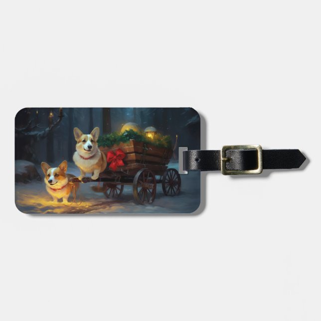 Etiqueta De Bagagem Decoração de Natal de Corgi Snowy Sleigh (Frente Horizontal)