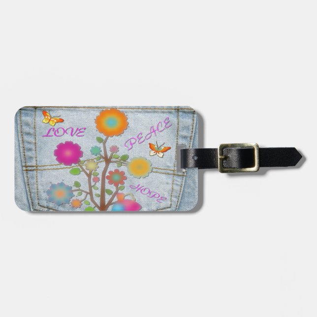Etiqueta De Bagagem Denim Back Pocket Flores Paz Esperança (Frente Horizontal)