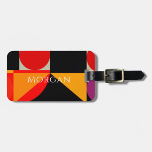 Etiqueta De Bagagem Desenho Geométrico, Nome, Vermelho, Preto, Laranja