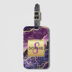Etiqueta De Bagagem Design de Ágata Brilhante Rosa, Roxo e Dourado