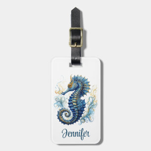 Etiqueta De Bagagem Design de cavalo de mar azul-aquarela